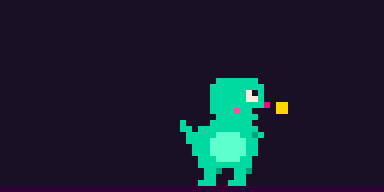 Animated capture of nec --watch: a mint pixel dino naps, eats, grows, sweats, panics in pink with red pane edges, explodes, and a new one rises out of the ground.